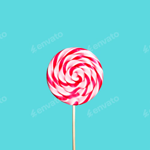 Preview: Colorful red and pink lollipop on pastel blue background.