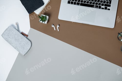 Preview: Creative desktop of Business workplace, laptop and coffee cup. Top view. Flat lay
