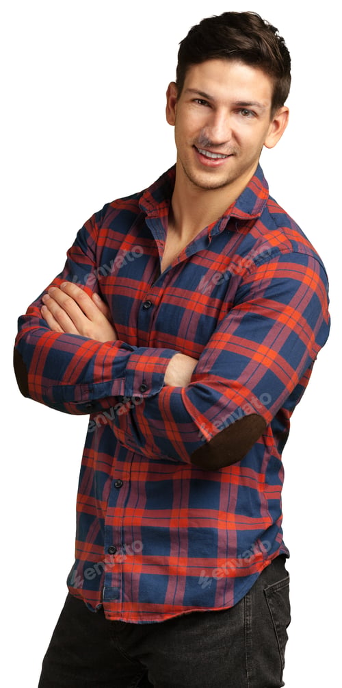 Preview: Young man smiling confidently in a plaid shirt against a plain background