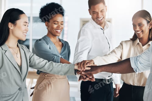 Preview: Team building, hands together or happy business people in meeting or group project for motivation.