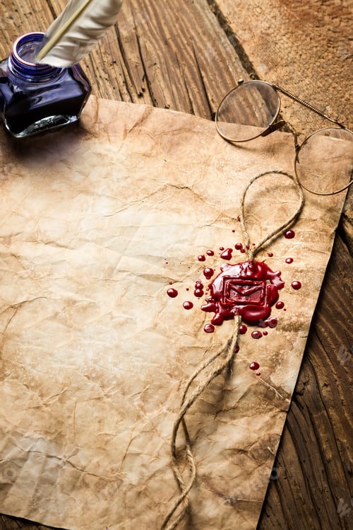 Preview: Blue ink, feather, glasses and red sealing wax