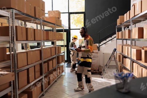 Preview: Stockroom worker having fun during warehouse inventory