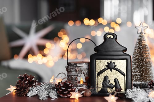 Preview: Various home Christmas or New Year decorations composition at coffee table