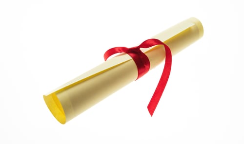 Preview: Diploma scroll with red ribbon isolated on white. College degree certificate, University studies