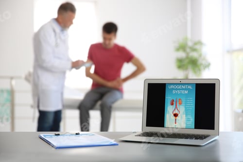 Preview: Laptop with picture of urogenital system and blurred people on background