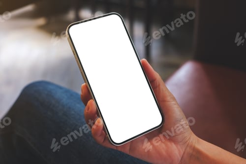 Preview: Mockup image of a woman holding mobile phone with blank desktop screen