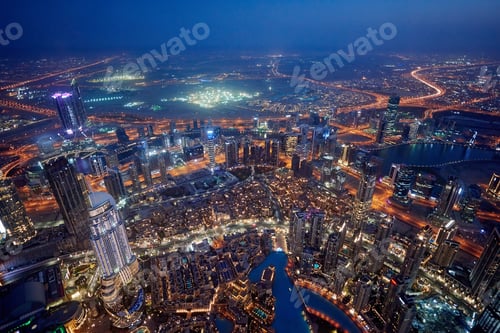 Preview: Dubai Cityscape at sunset blue hour from tallest building view