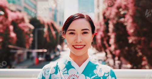 Preview: City, smile and portrait of girl with kimono, confidence and outdoor sightseeing adventure in tradi