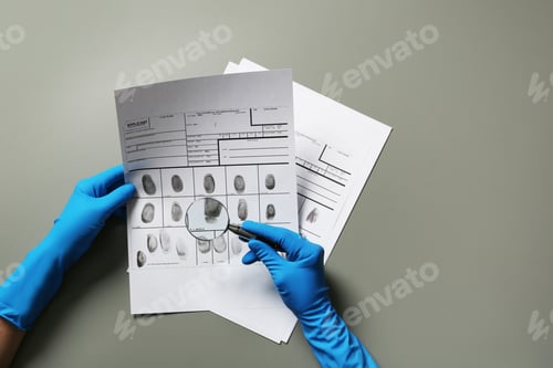 Preview: Criminologist exploring fingerprints with magnifier on grey background