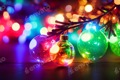 Preview: Mockup rustic wood table in front of glitter colorful bright bokeh lights of christmas ornaments and