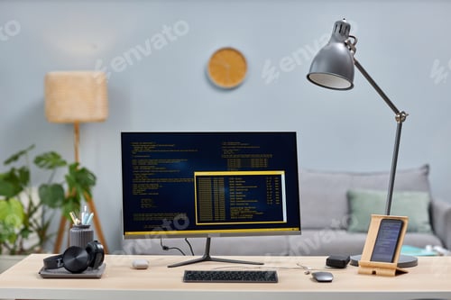 Preview: Background image of computer screen with code lines on workplace with devices