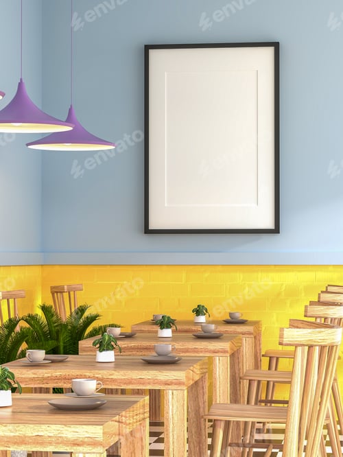 Preview: 3D Mockup photo frame in Canteen interior