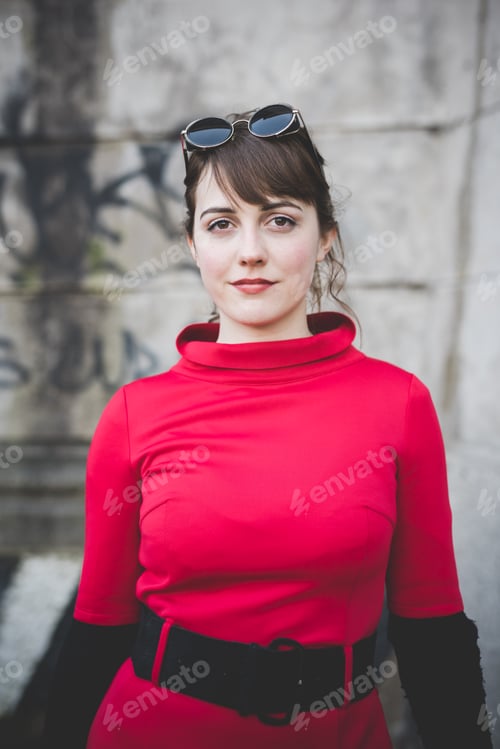 Preview: young beautiful red dressed vintage hipster woman