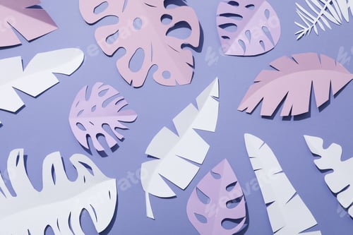 Preview: Violet, tropical leaves of pastel shades on a purple background