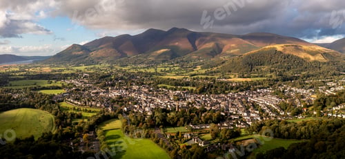 Preview: Aerial view of the lake District town of Keswick wuth Skiddaw and The Northern Fells