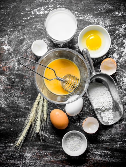 Preview: Baking background. Flour with milk, eggs and spikelets.