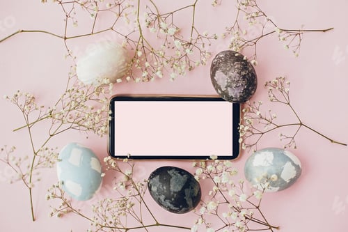 Preview: Stylish easter eggs, phone with empty screen, bunny ears