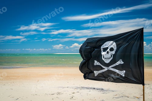 Preview: Pirate flag with skull and crossed bones on the background of a tropical beach