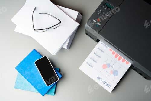 Preview: Printer with paper on gray background close up
