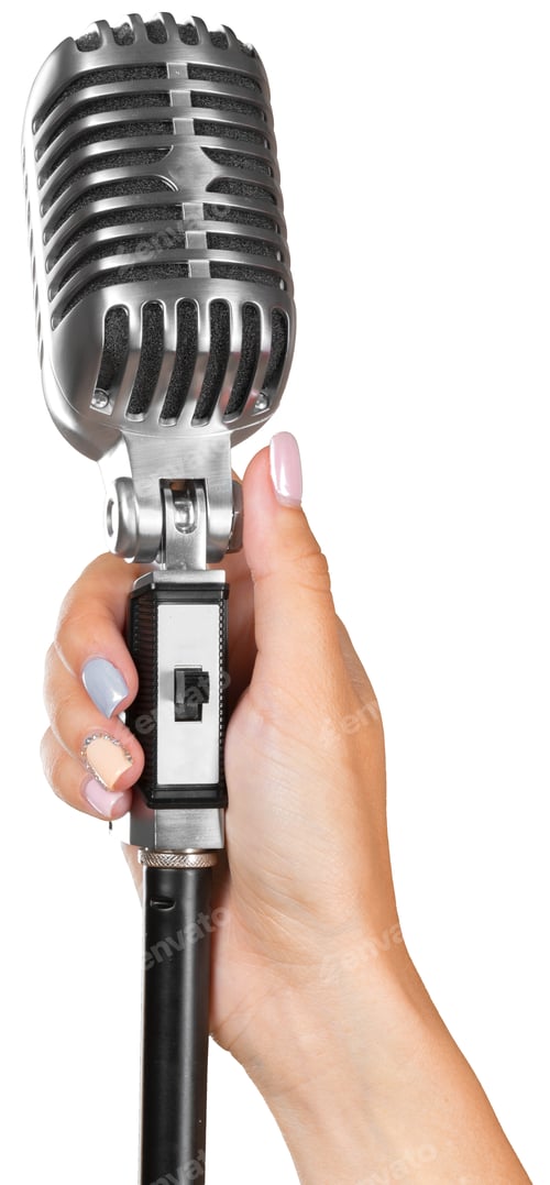 Preview: woman holding big retro microphone for singing