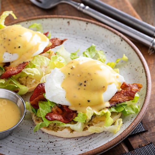 Preview: Eggs Benedict with bacon and lettuce on english muffins