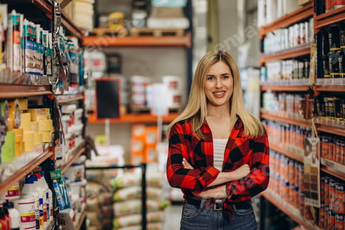 Preview: pretty hardware store employee looking at the camera.