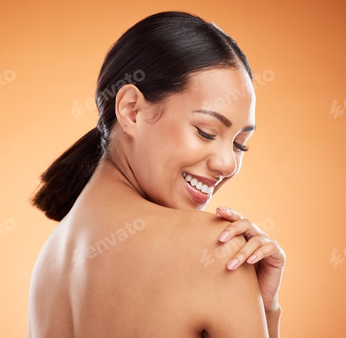 Preview: Skincare, smile and cosmetics woman, happy and in brown studio background for body positivity. Make