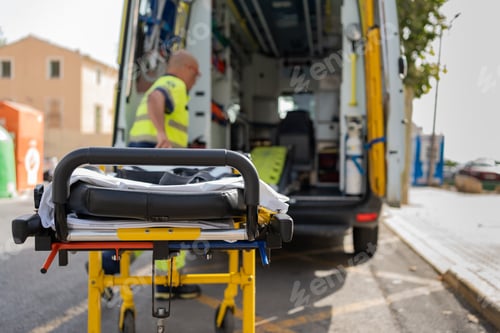 Preview: Paramedic preparing stretcher near ambulance for emergency intervention