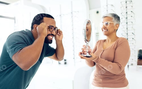 Preview: Optometry, doctor and patient with glasses choice in store, health and insurance with communication