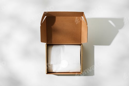 Preview: Open cardboard box on a reflective surface with soft shadows