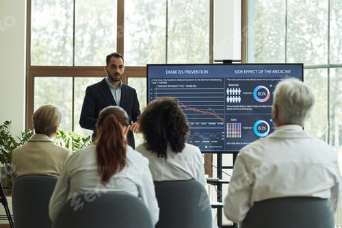Preview: Young Man in Suit Presenting Medical Data to Diverse Middle Aged Colleagues