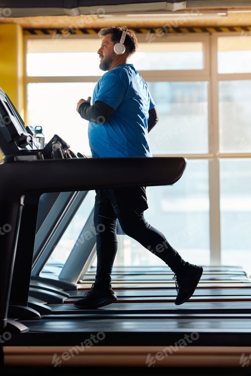 Preview: Mature athletic man jogging on a treadmill during sports training in health club.