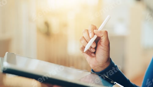 Preview: Hands, tablet and writing with stylus in office for interior design with review for project managem