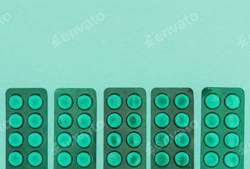 Preview: top view of medicines isolated on green backdrop