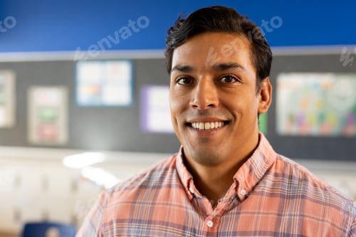 Preview: Portrait of happy biracial male teacher in elementary school classroom