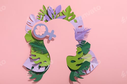 Preview: Paper female head with paper decorative leaves