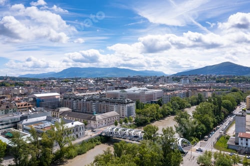 Preview: Aerial view of Hans-Wilsdorf bridge near plainpalais in Geneva - Switzerland