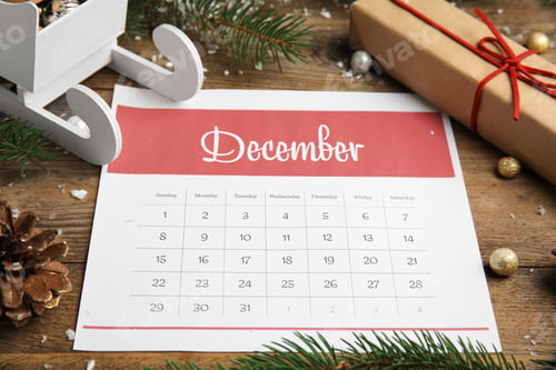 Preview: Paper calendar and festive decor on wooden table