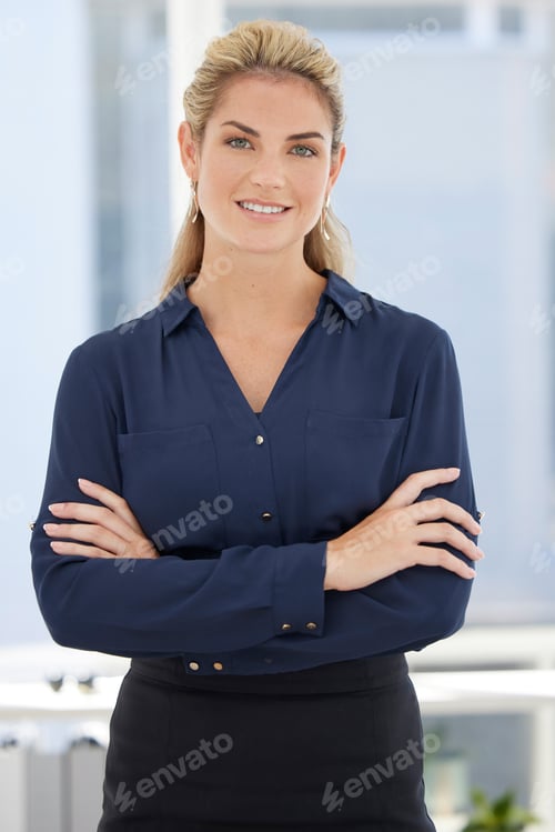 Preview: Success, leadership and portrait of business woman with crossed arms for motivation, mission and co
