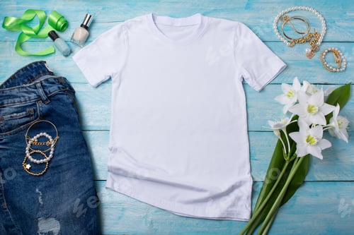 Preview: Placeit – Womens T-shirt mockup with lilies and nail polish