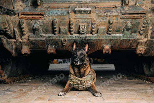 Preview: Malinois Dog in Bulletproof Vests against Military Equipment. Belgian Shepherd Malinois dog