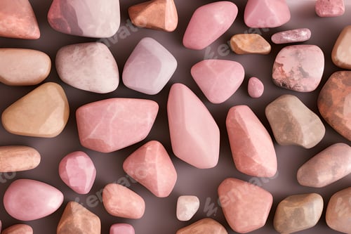 Preview: Collection of pastel pink quartz and polished stones on a solid background
