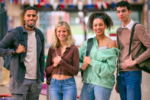 Preview: Portrait Of Group Of University Students With Bags In College Building