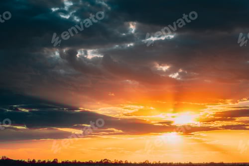 Preview: Sun Shine During Sunset Above Empty Spring Countryside Rural Soil Landscape. Field Under Sunny
