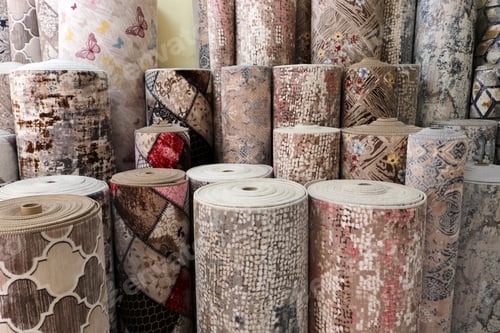 Preview: Various rugs in the carpet shop. Home decoration.
