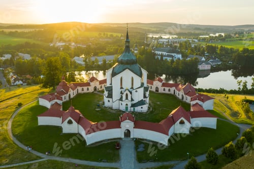 Preview: Aerial view of Pilgrimage Church of Saint John of Nepomuk on the Green Hill at sunset