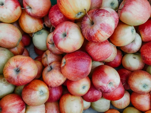 Preview: fresh juicy apples on the counter of the farmers' market. Autumn harvest of apples. Natural products