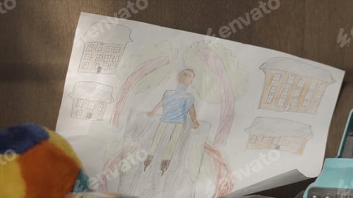 Preview: Kid puts the picture on the shelf back view. Child hangs the picture on the wall. Rear view on boy