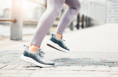 Preview: Running shoes, feet sneakers and city cardio exercise, marathon and sports training in urban outdoo