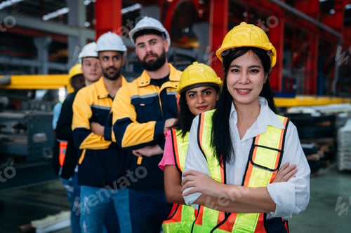 Preview: Portrait of industrial worker inspecting and check up machine at factory machines.